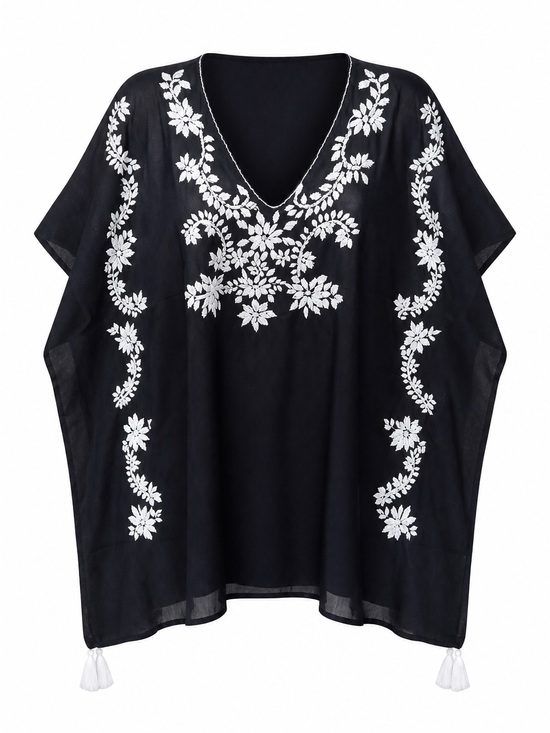 Rhea Costa Tops - Rhea Costa Black Tunic with White Floral Embroidery